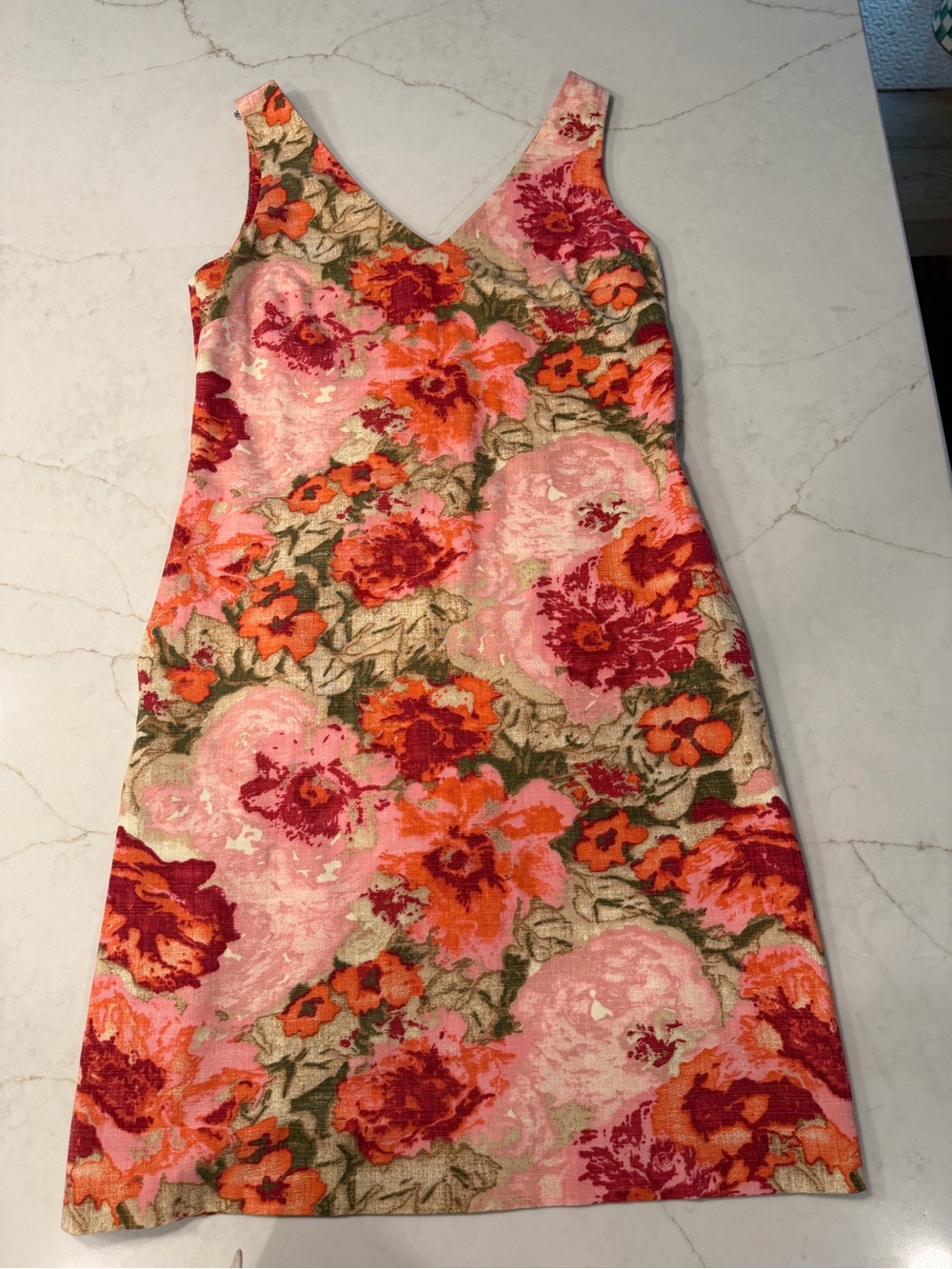 Talbots Floral V-Neck Mini Dress in Pink, Orange and Green
